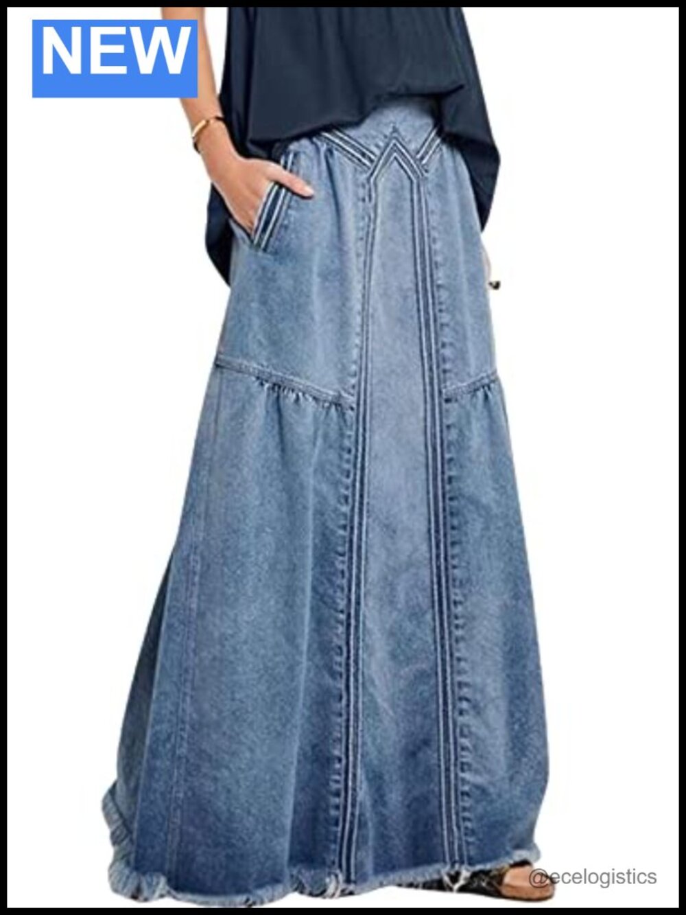 Vintage A-Line Long Denim Maxi Skirt Distressed High Waist Frayed Hem